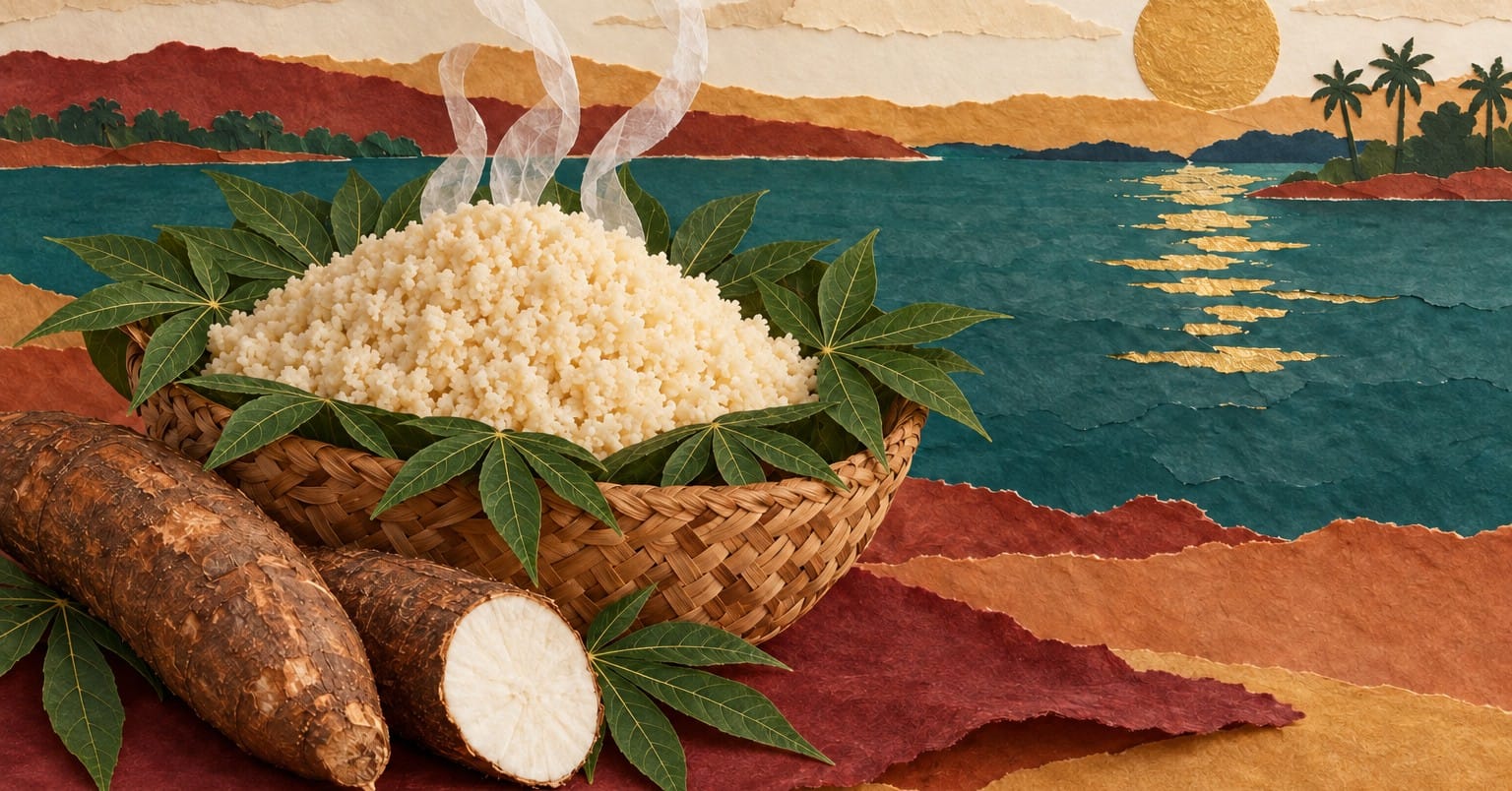 Cut-paper collage: a woven basket lined with cassava leaves holds a heap of pale attiéké with curls of tissue-paper steam; two cassava roots, one cut open, lie in front, and layered paper bands form a teal lagoon, palm trees and a gold sun behind.